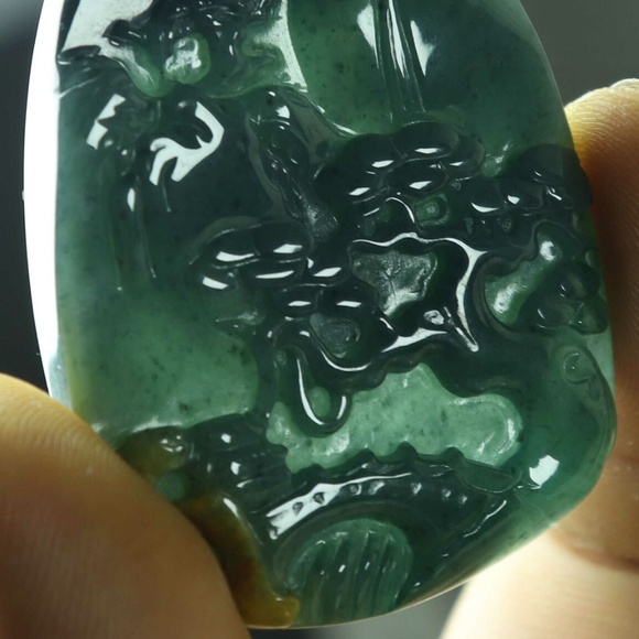 Cert'd Dark Green Natural A JADE jadeite Carved 2-sided Pendant Old pine - Picture 4 of 11